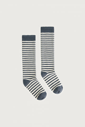 Long Ribbed Socks | Blue Grey - Cream